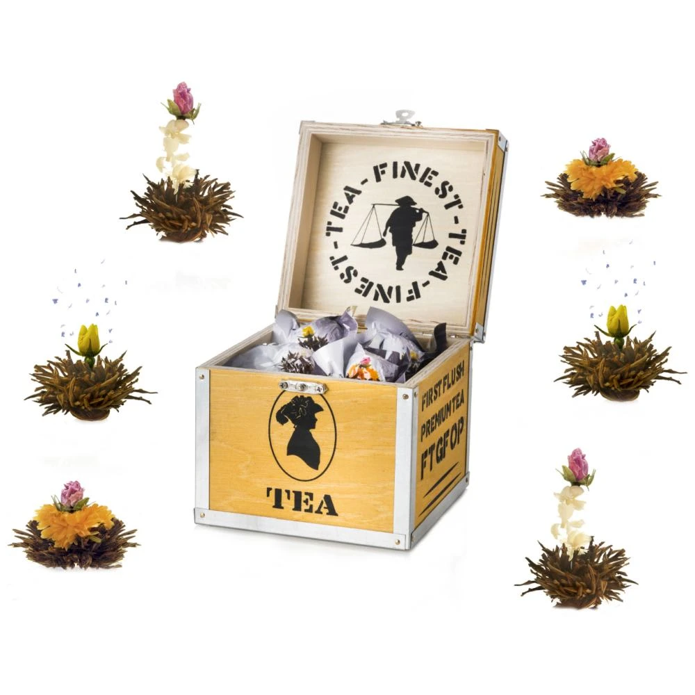 7tlg. Set: Holz-Teekiste + 6 Teeblumen "ErblühTee Schwarzer Tee" 3 7tlg. Set: Holz-Teekiste + 6 Teeblumen "ErblühTee Schwarzer Tee"