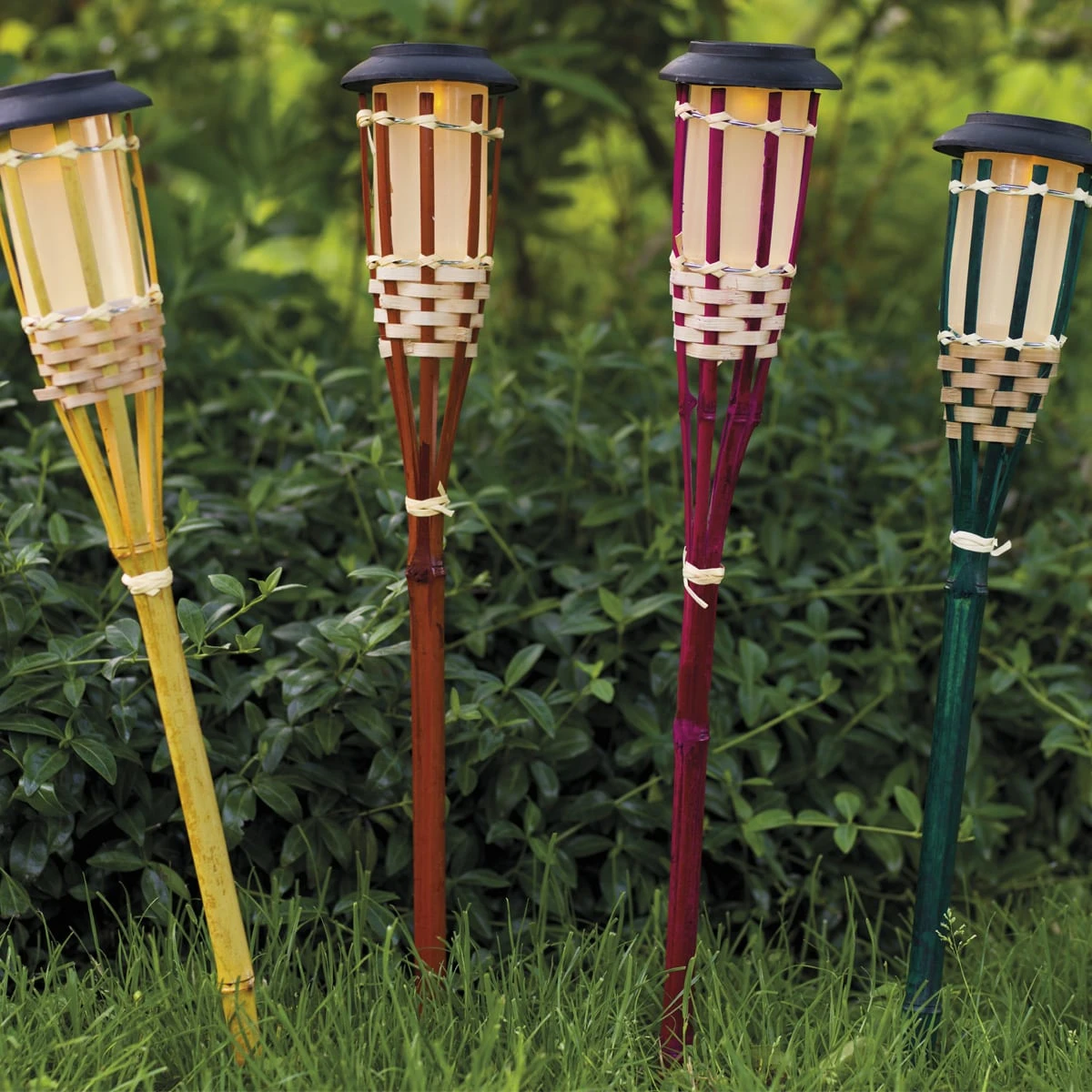 4er Set LED Solar Bambus Fackel In Bunt 4 4er Set LED Solar Bambus Fackel In Bunt – Bild 2