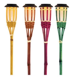 4er Set LED Solar Bambus Fackel In Bunt