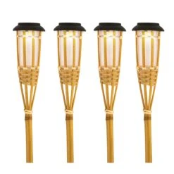 4er Set LED Solar Bambus Fackel In Natur