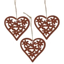 3er Set Aufhänger Rost Herz Mit Blumen In Braun