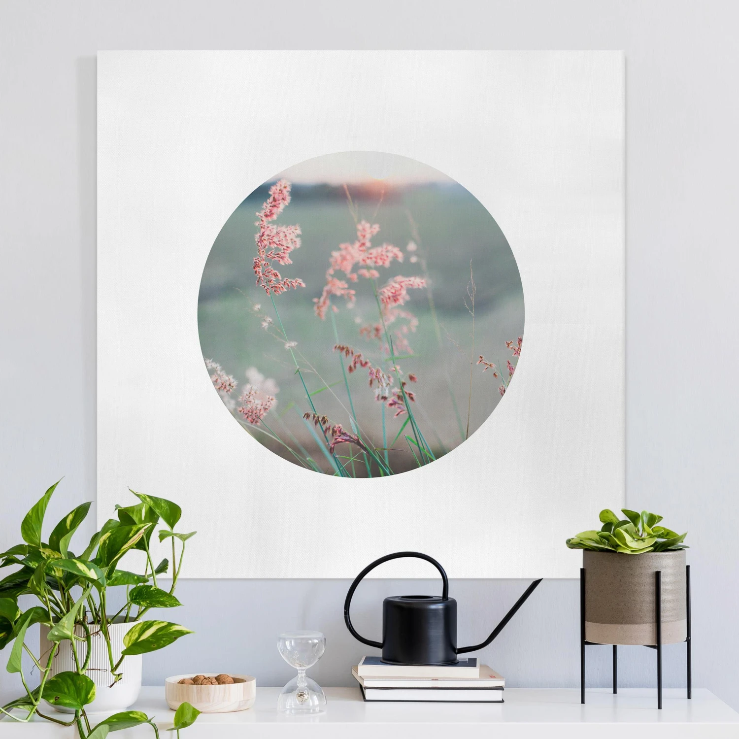 Leinwandbild - Pinke Blumen Im Kreis In Grün 4 Leinwandbild - Pinke Blumen Im Kreis In Grün – Bild 2