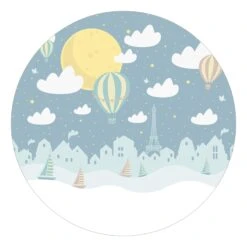 Runde Tapete - Paris Mit Sternen Und Heißluftballon In Blau