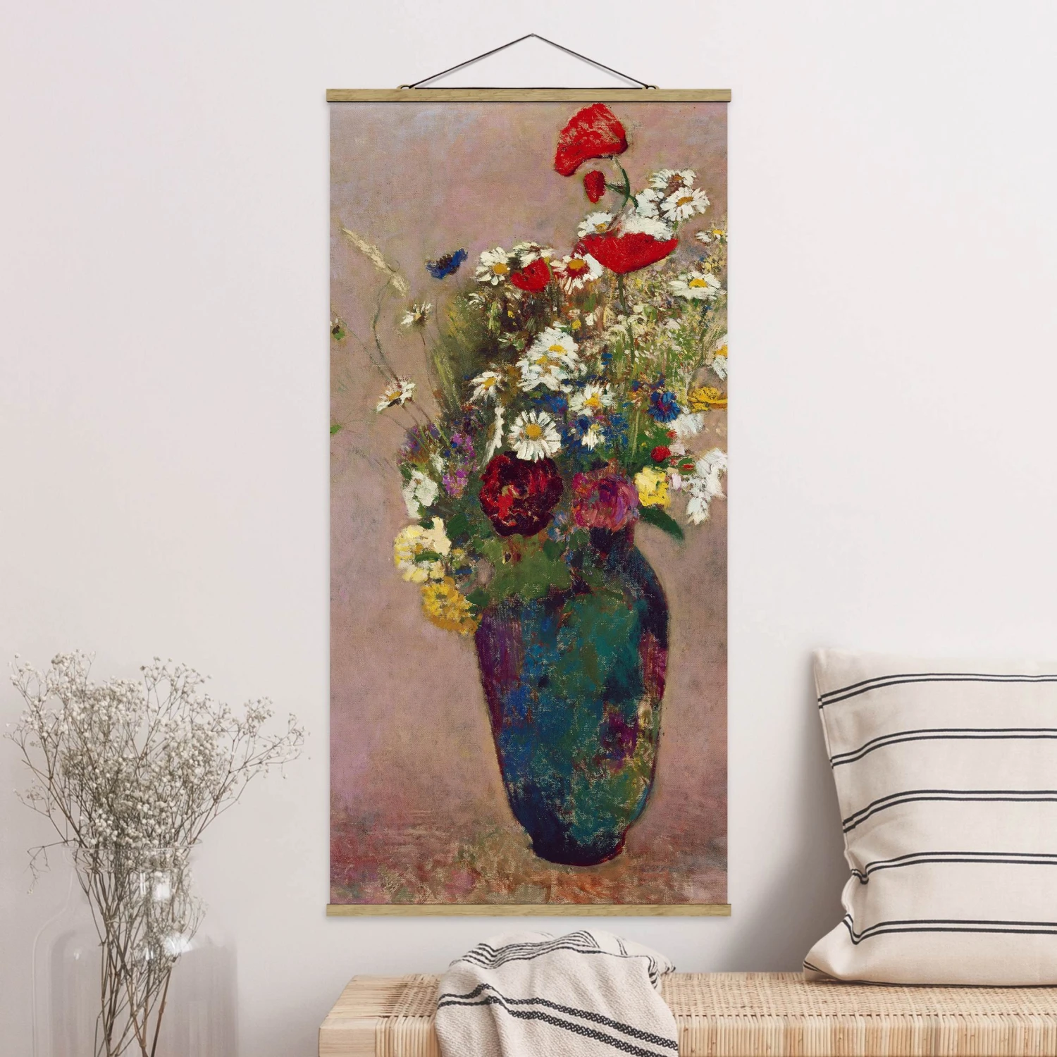 Stoffbild Mit Posterleisten - Redon - Blumenvase Mit Mohn In Creme-Beige 4 Stoffbild Mit Posterleisten - Redon - Blumenvase Mit Mohn In Creme-Beige – Bild 2