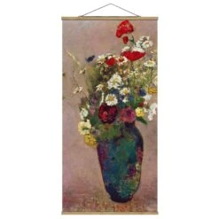 Stoffbild Mit Posterleisten - Redon - Blumenvase Mit Mohn In Creme-Beige