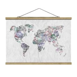 Stoffbild Mit Posterleisten - Reisepass Stempel Weltkarte In Weiß