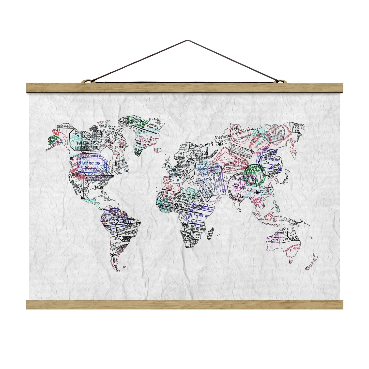 Stoffbild Mit Posterleisten - Reisepass Stempel Weltkarte In Weiß 3 Stoffbild Mit Posterleisten - Reisepass Stempel Weltkarte In Weiß