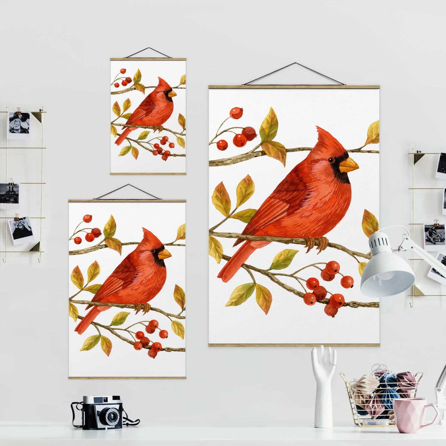 Stoffbild - Vögel Und Beeren - Rotkardinal In Weiß 9 Stoffbild - Vögel Und Beeren - Rotkardinal In Weiß – Bild 7